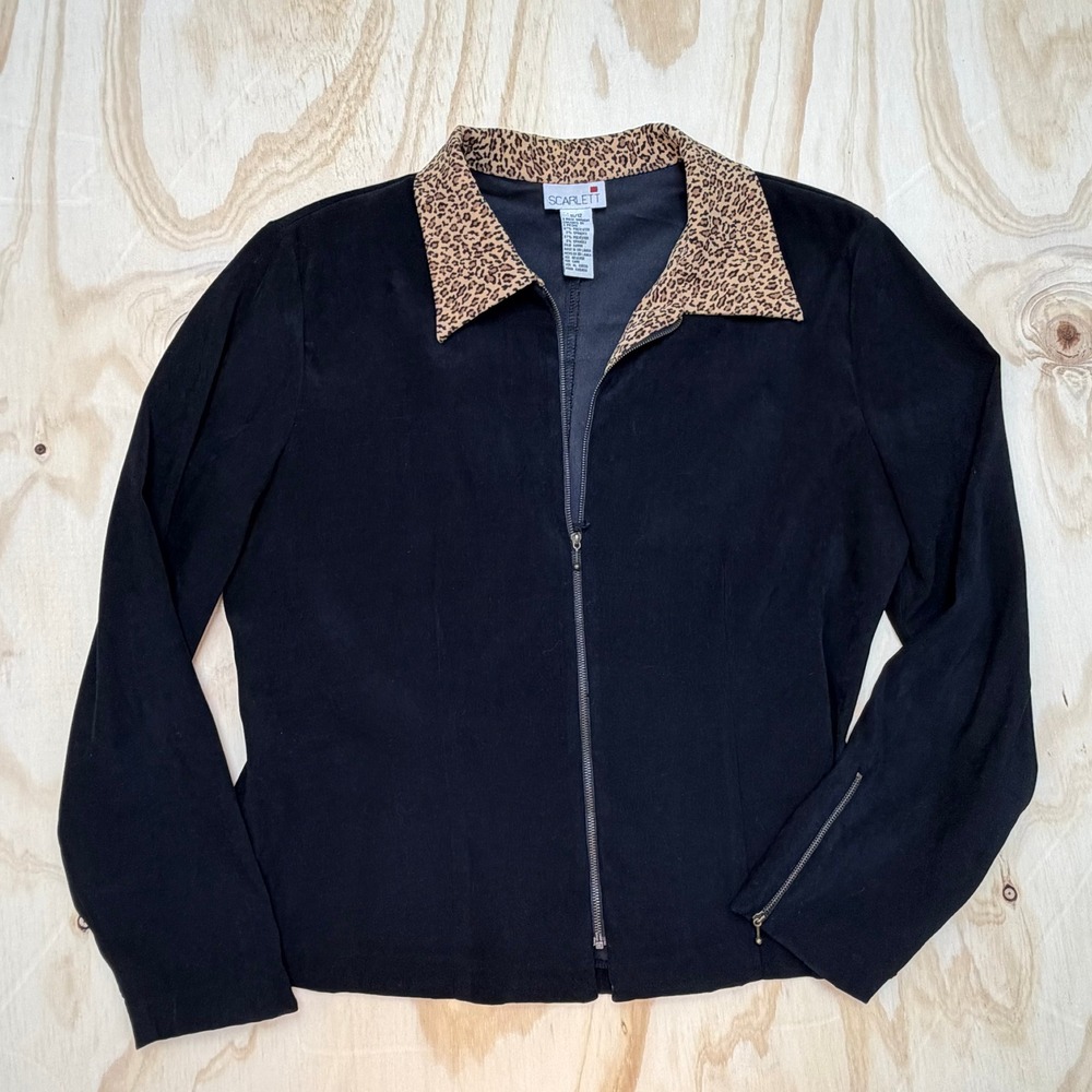 Vintage Scarlett Womens Black Zip Front Jacket Leopard Print Collar Size 11/12